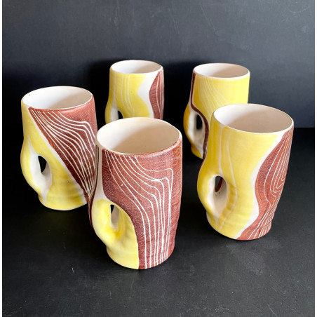 Series of 5 earthenware mugs by Mado Jolain