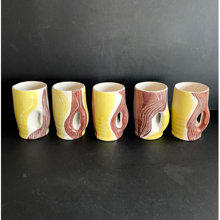 Series of 5 earthenware mugs by Mado Jolain